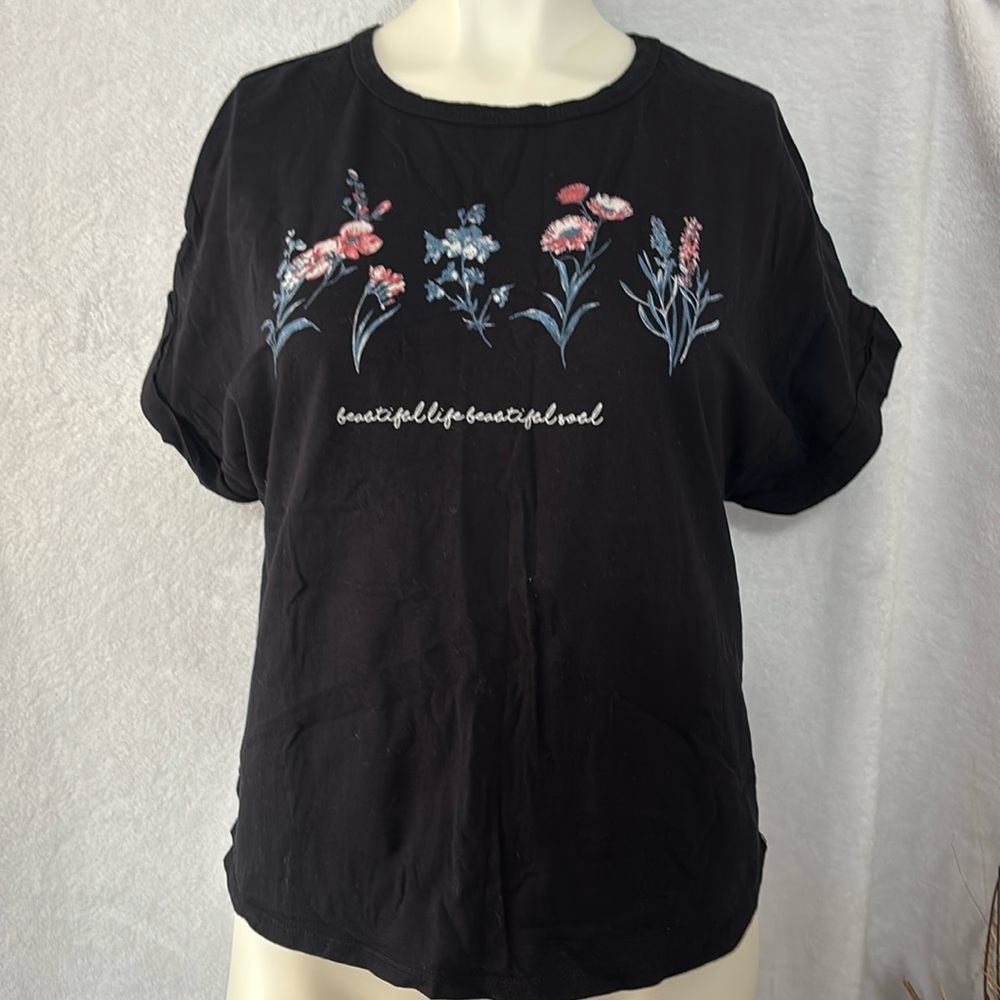 Papaya Floral Graphic T-Shirt Beautiful Life‎ Black Top Tee Size L